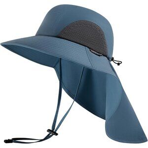 Unisex Blue 100% Polyester Wide Brim Mesh Vent With Neck Flap Classic Beach Hat